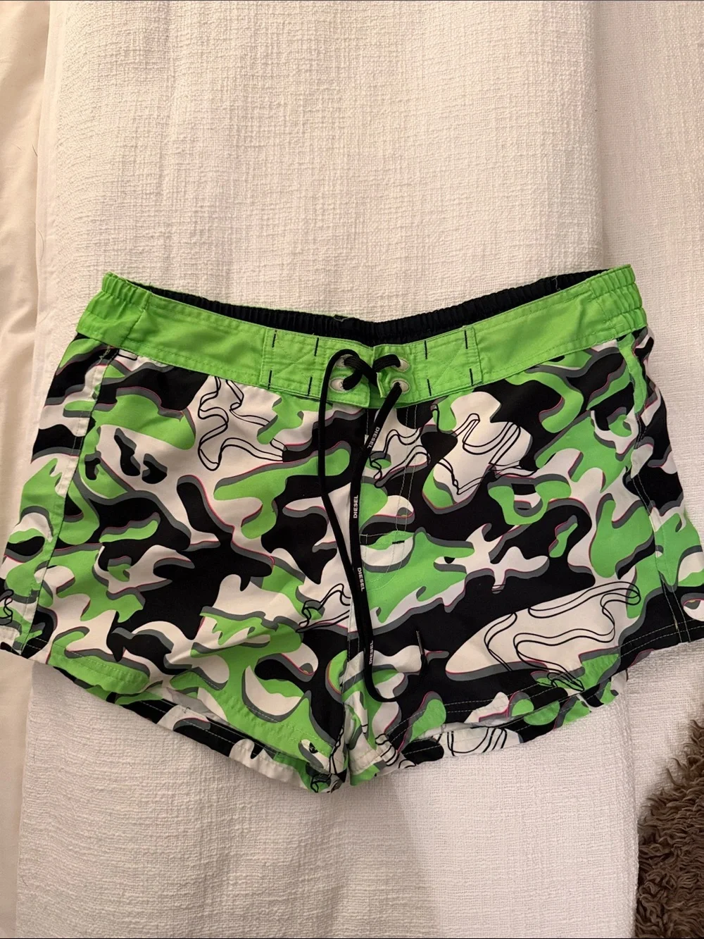 Diesel Green, Black & White Camo Swim Trunks